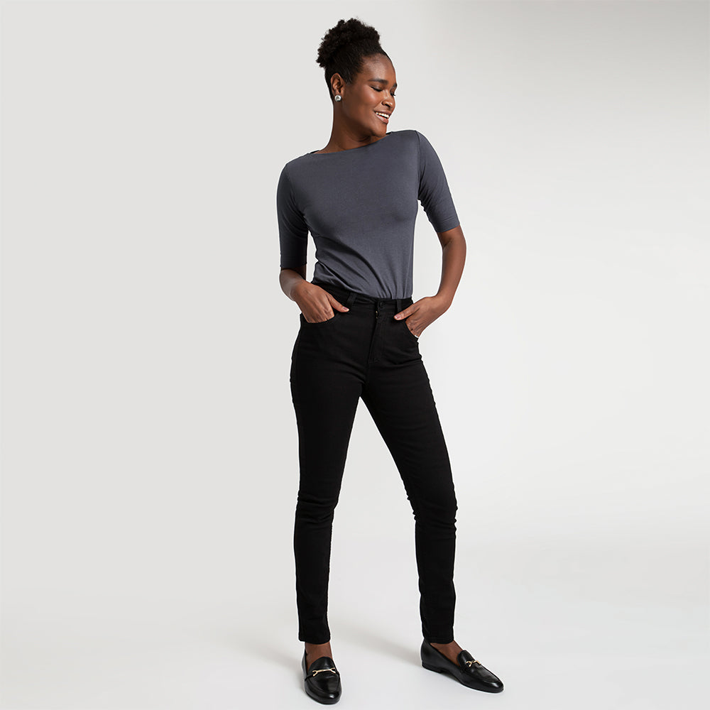 Blusa Cotton Pima Decote Reto Meia Manga Feminina - Grafite Inativo