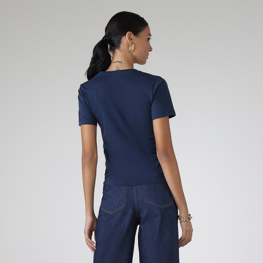 Camiseta Algodão Premium Gola V Feminina | Everyday Collection - Azul Marinho