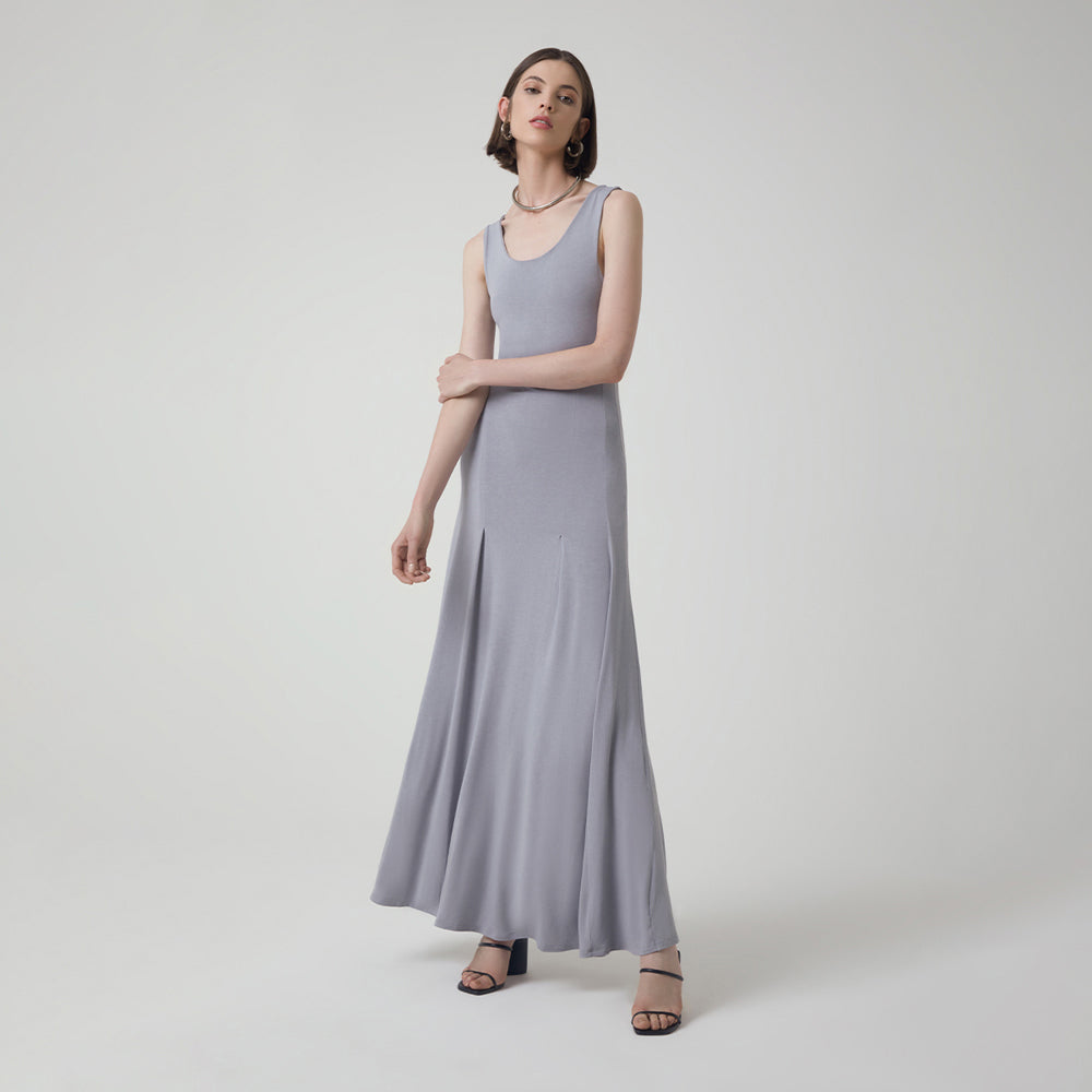 Vestido Longo Viscose Evasê - Cinza Claro