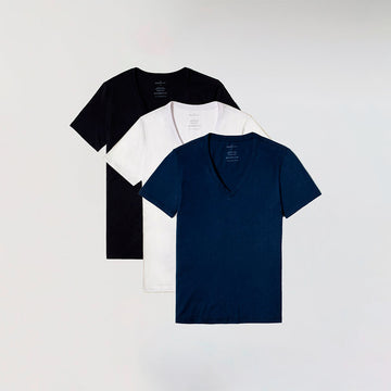 Kit Camiseta Algodão Pima V Feminino | Life T-Shirt - Branco Preto Marinho